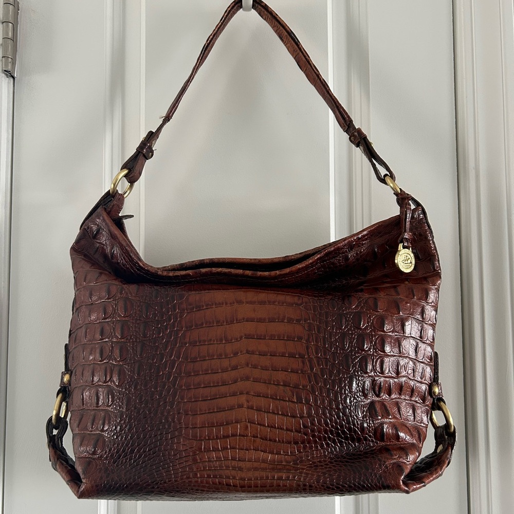 Brahmin Elena Crocodile-Embossed Shoulder Bag in Pecan